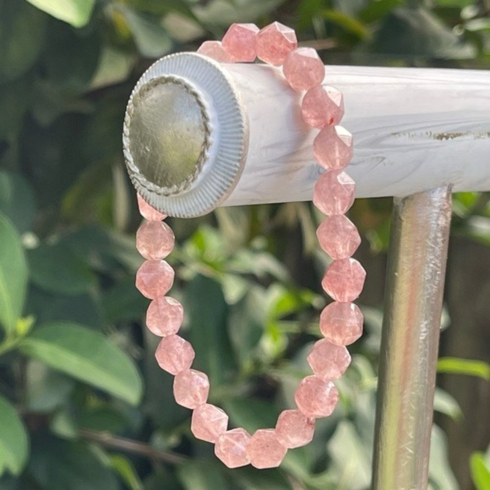 8mm Star Cut  Grade A Strawberry Quartz Stretch Bracelet